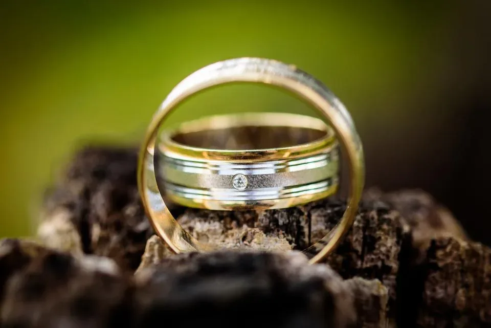 Two gold wedding rings leaning against each other on a piece of wood