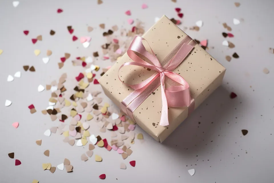 A gift box with a pink ribbon among colourful confetti